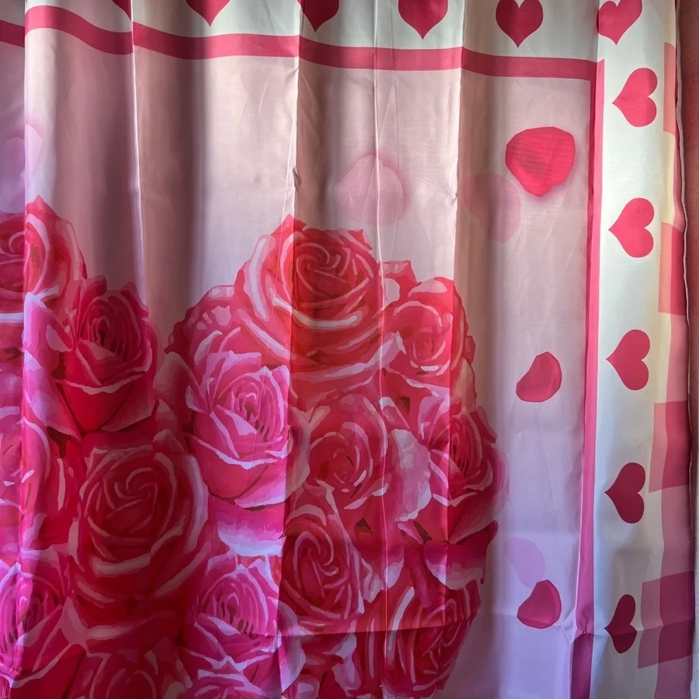 Pink Hearts and Roses Shower Curtain with Hooks Valentines Day Long